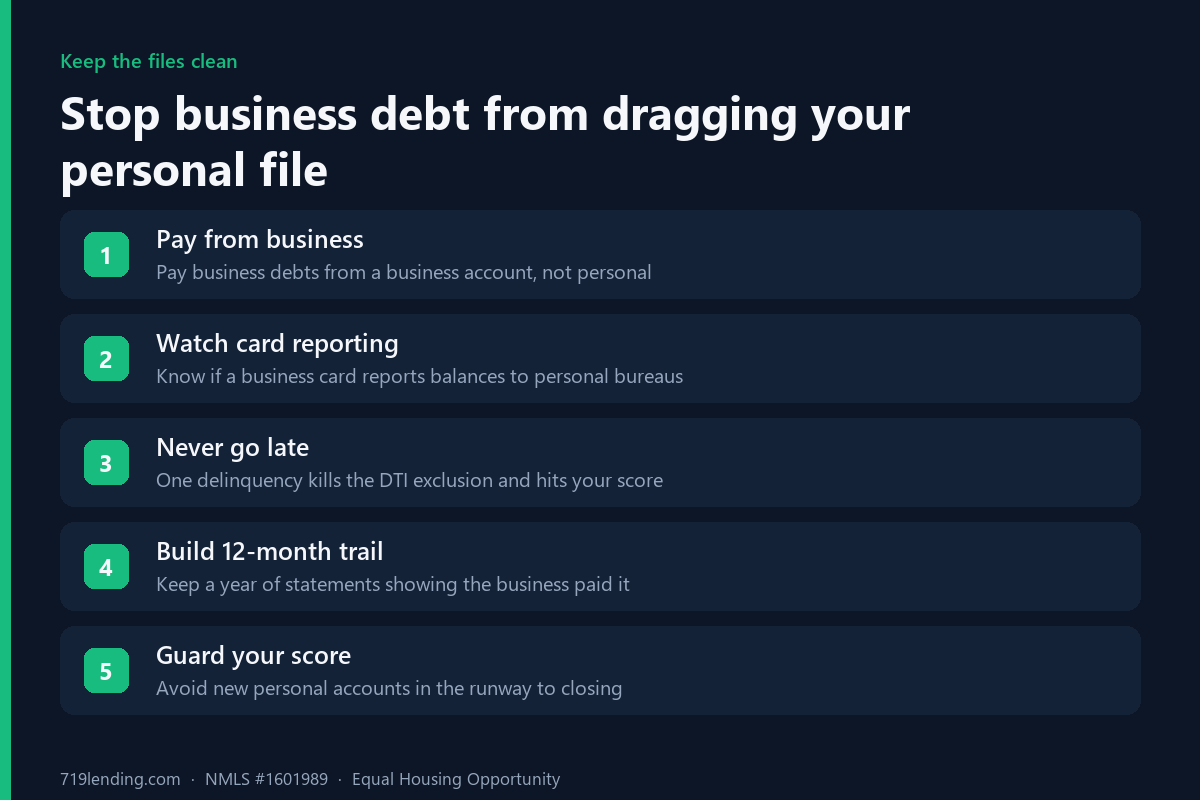 Five steps a self-employed borrower can take to keep business debt from raising personal DTI before a mortgage