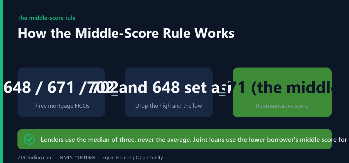 Equation showing three mortgage FICO scores of 648, 671, and 702 reduced to a representative score of 671 by dropping the high and low