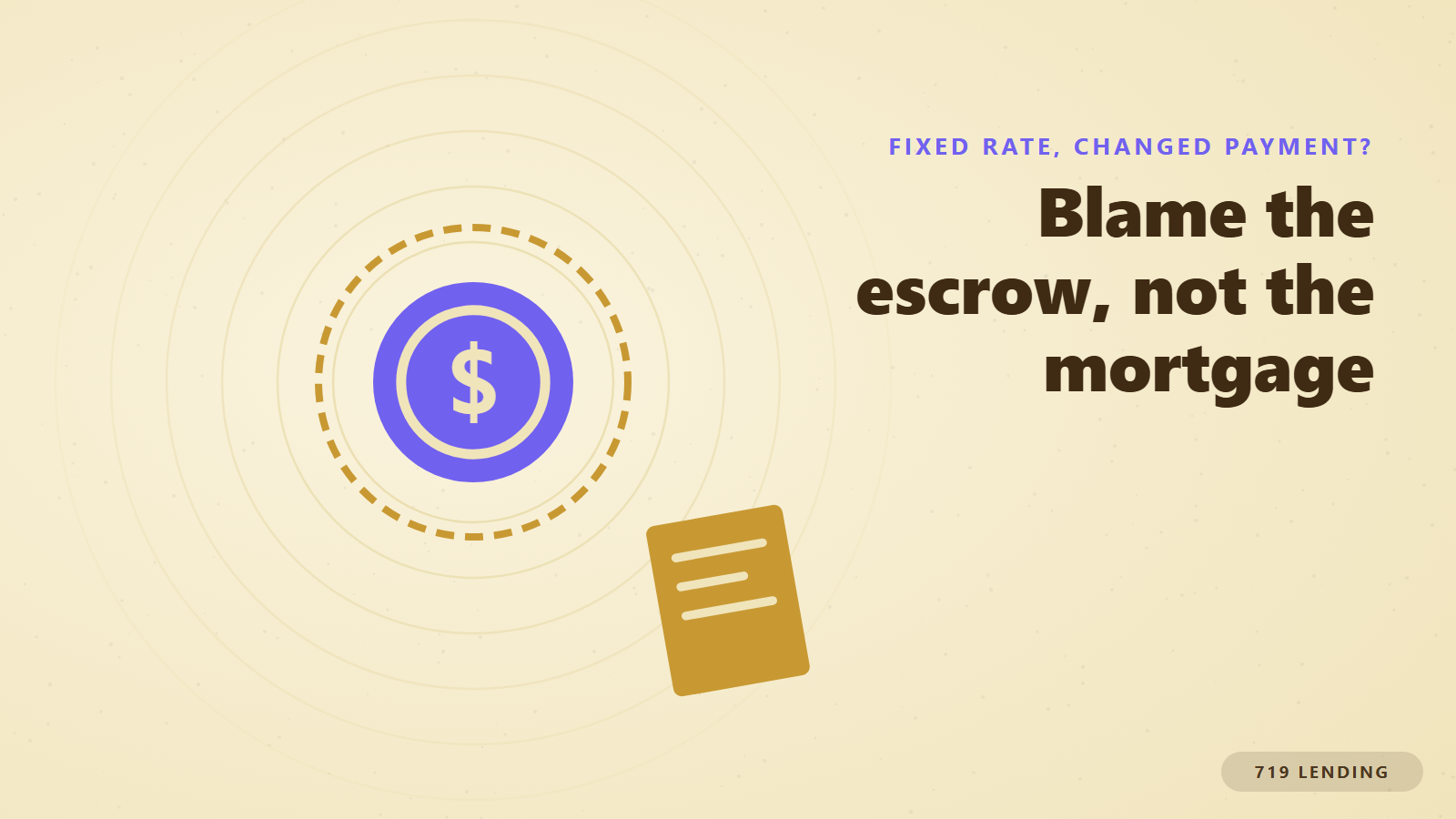 A coin at the center of orbit rings beside an escrow statement, explaining why a fixed-rate mortgage payment still changed