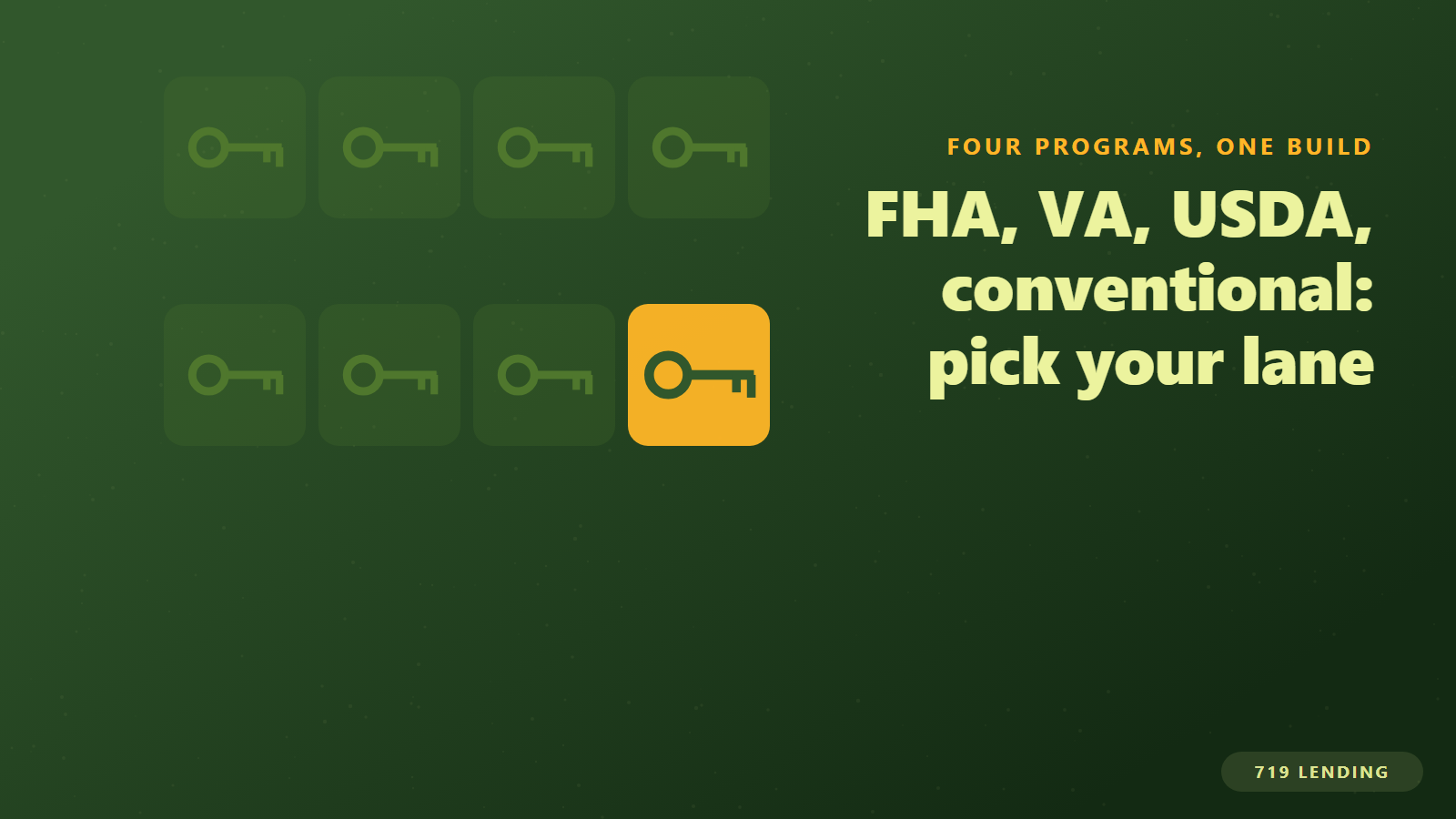 Grid of keys with one highlighted, comparing FHA, VA, USDA and conventional construction loan programs