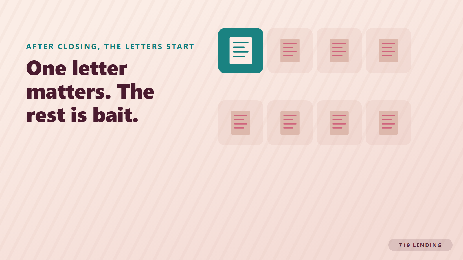 A grid of lookalike mail with a single highlighted letter, separating real mortgage mail from junk after closing