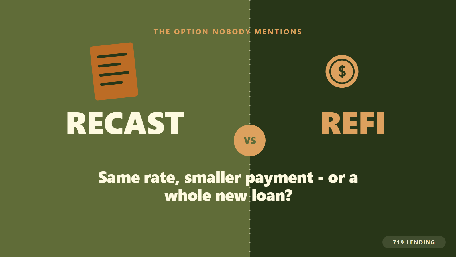 Split comparison of a mortgage recast keeping the same rate with a smaller payment versus a full refinance