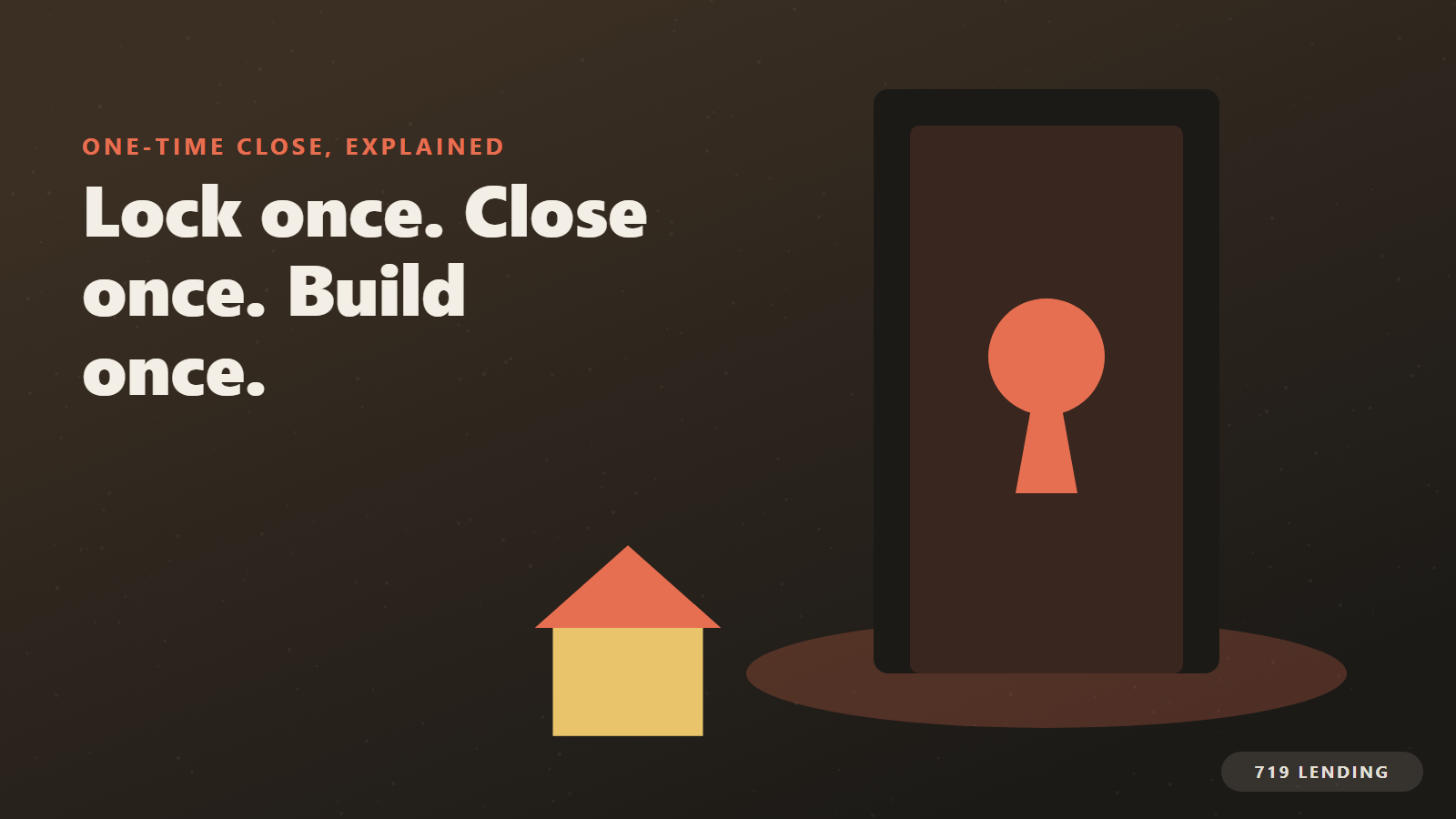 A single doorway beside a new house, explaining one-time close construction loans: one lock, one closing, one build
