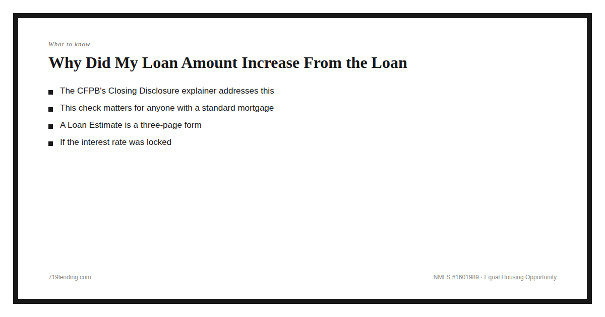 Infographic outlining the sections of this guide: the short answer, who this applies, how the loan estimate, common reasons the loan, what should not change